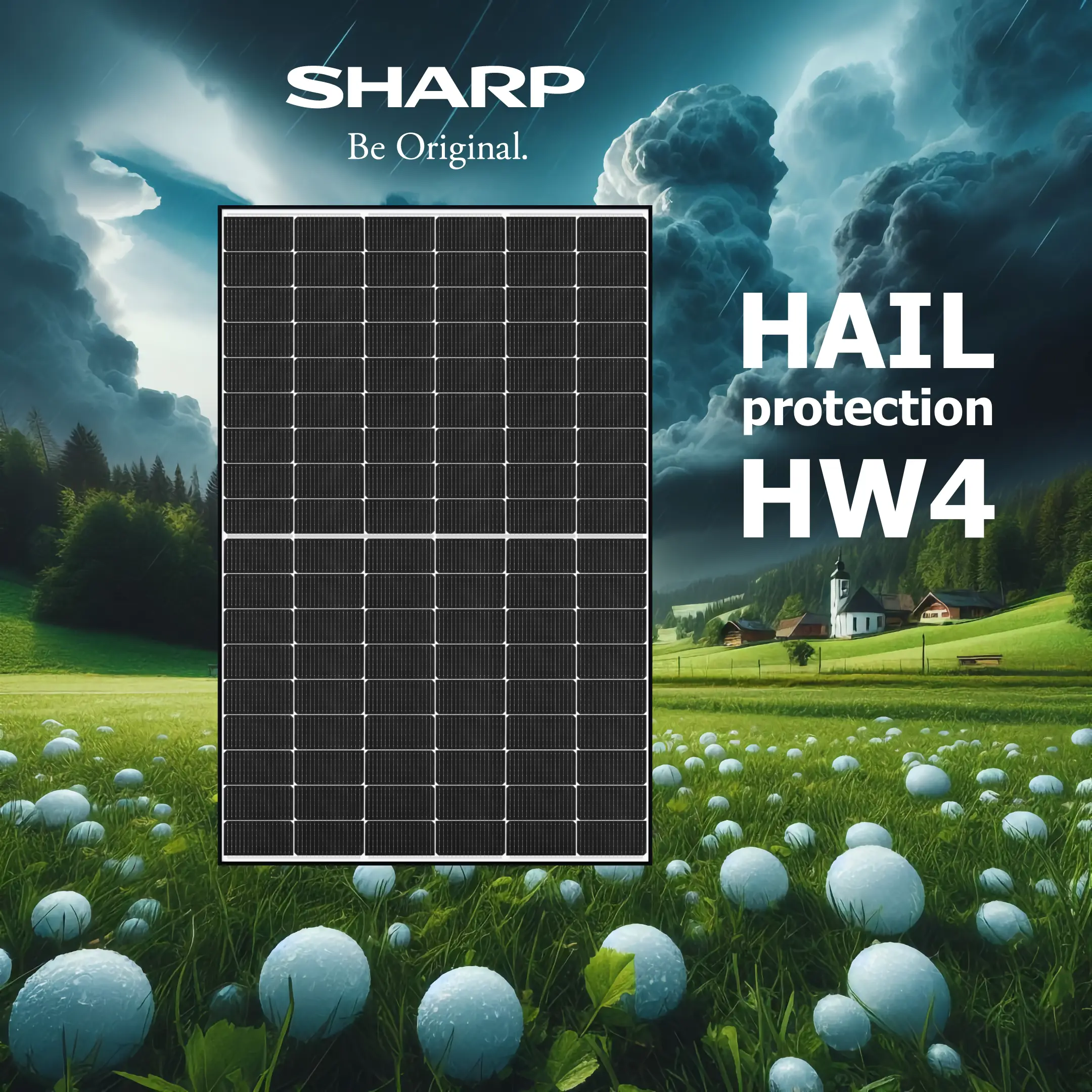 PV modules of the SHARP NU‑JC series have hail protection class HW4 according to the Swiss VKF standard